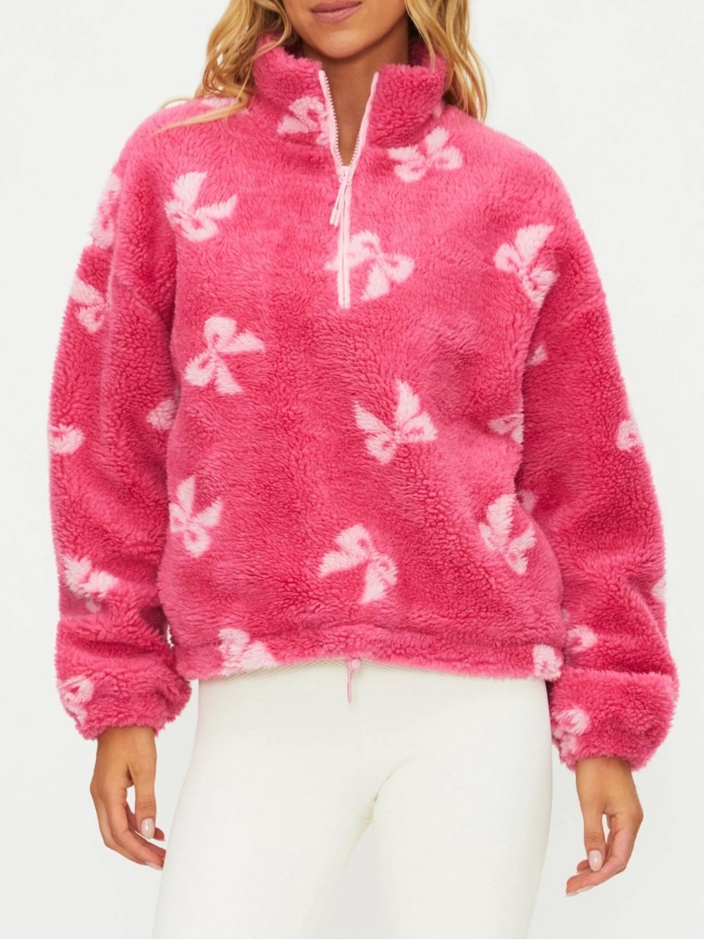 Beach Riot Pink Sherpa Half-Zip Sweater with White Bow Motifs